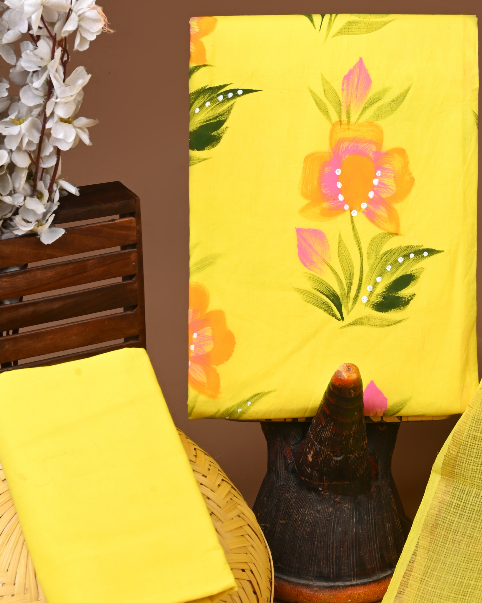 LEMON- BAGRU HAND BLOCK PRINTED COTTON SUIT SET WITH KOTA DUPATTA 18