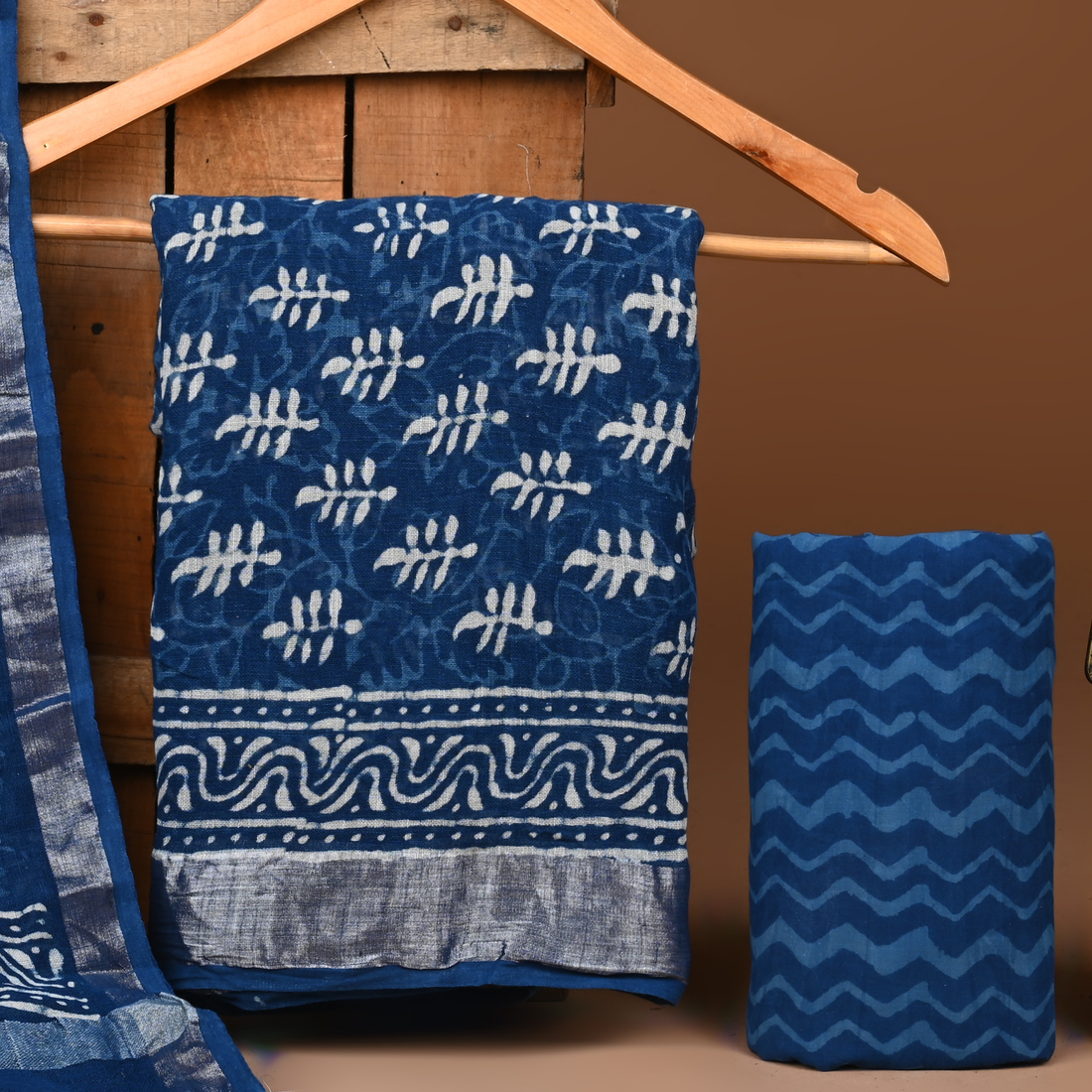 BLUE- BAGRU HAND BLOCK PRINTED LINEN COTTON SUIT SET WITH ZARI BORDER 48