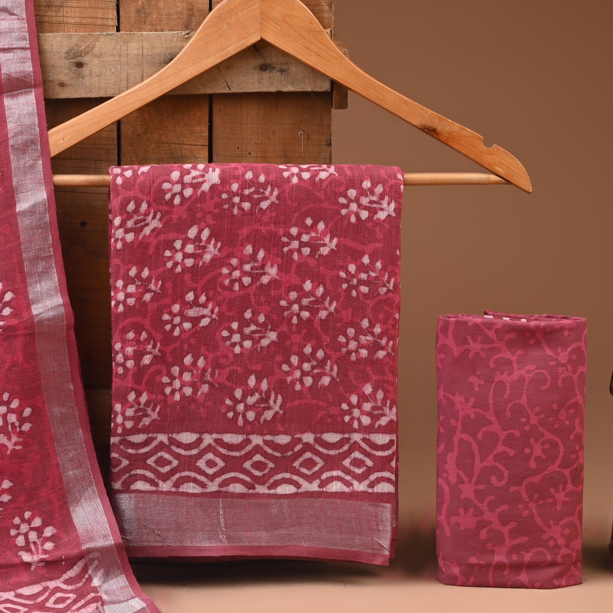 RED - BAGRU HAND BLOCK PRINTED LINEN COTTON SUIT SET WITH ZARI BORDER 26