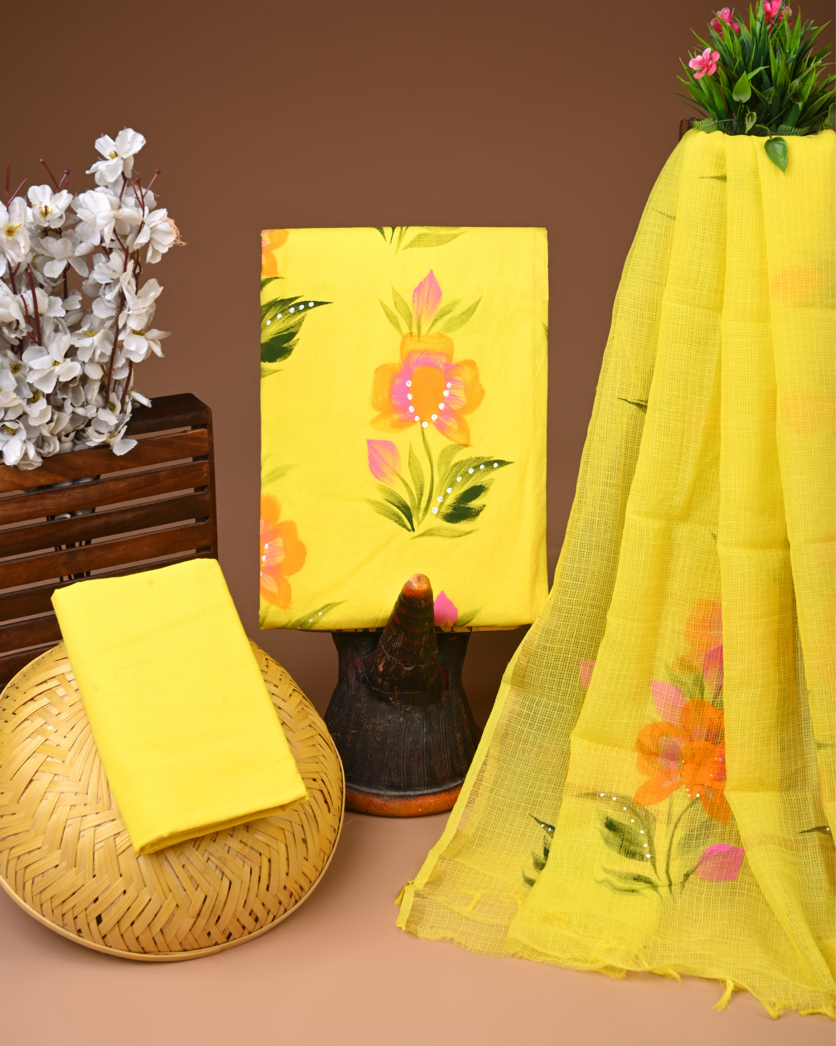 LEMON- BAGRU HAND BLOCK PRINTED COTTON SUIT SET WITH KOTA DUPATTA 18