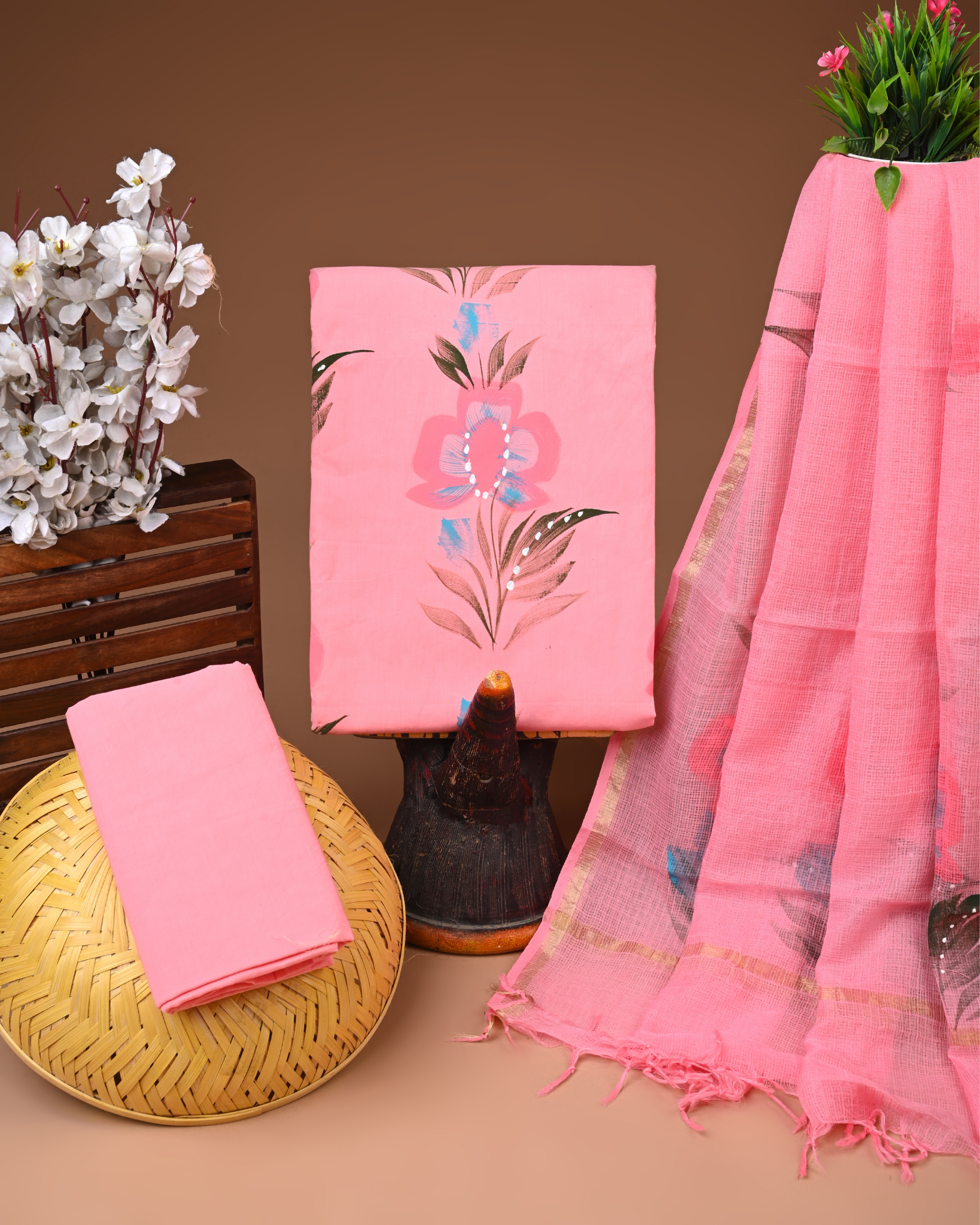 PINK- BAGRU HAND BLOCK PRINTED COTTON SUIT SET WITH KOTA DUPATTA 32