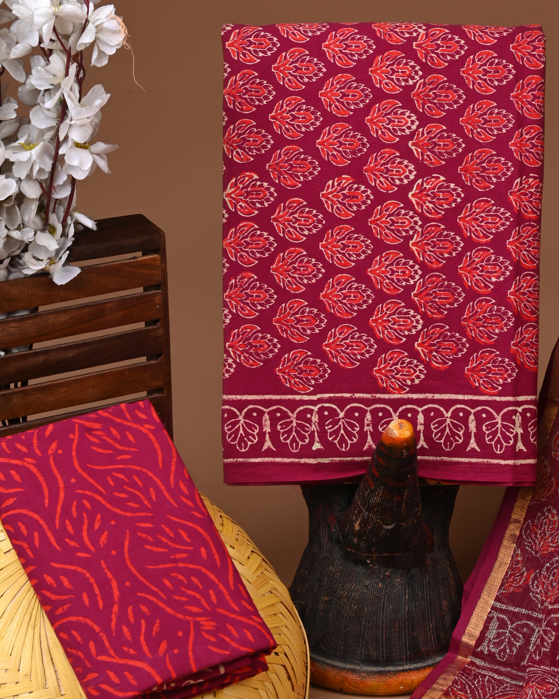 RED- BAGRU HAND BLOCK PRINTED COTTON SUIT SET WITH KOTA DUPATTA 21