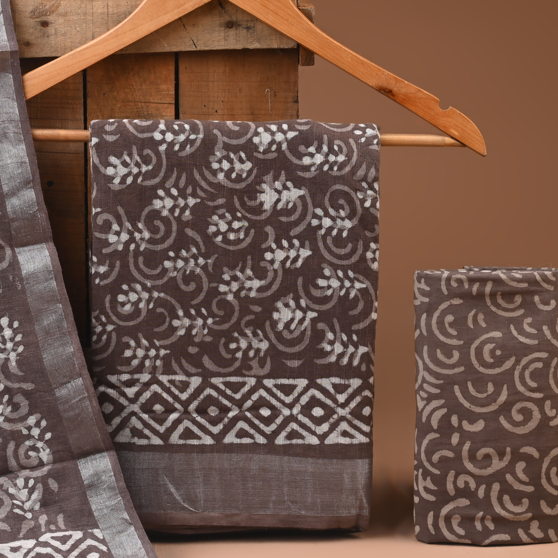 GRAY- BAGRU HAND BLOCK PRINTED LINEN COTTON SUIT SET WITH ZARI BORDER 43