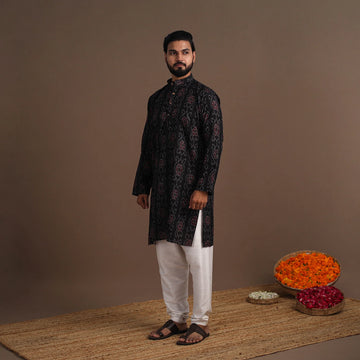 Black - Sambalpuri Ikat Weave Cotton Men Long Kurta 02