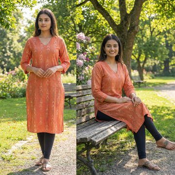 ORANGE - IKAT WEAVE COTTON LONG KURTA 19