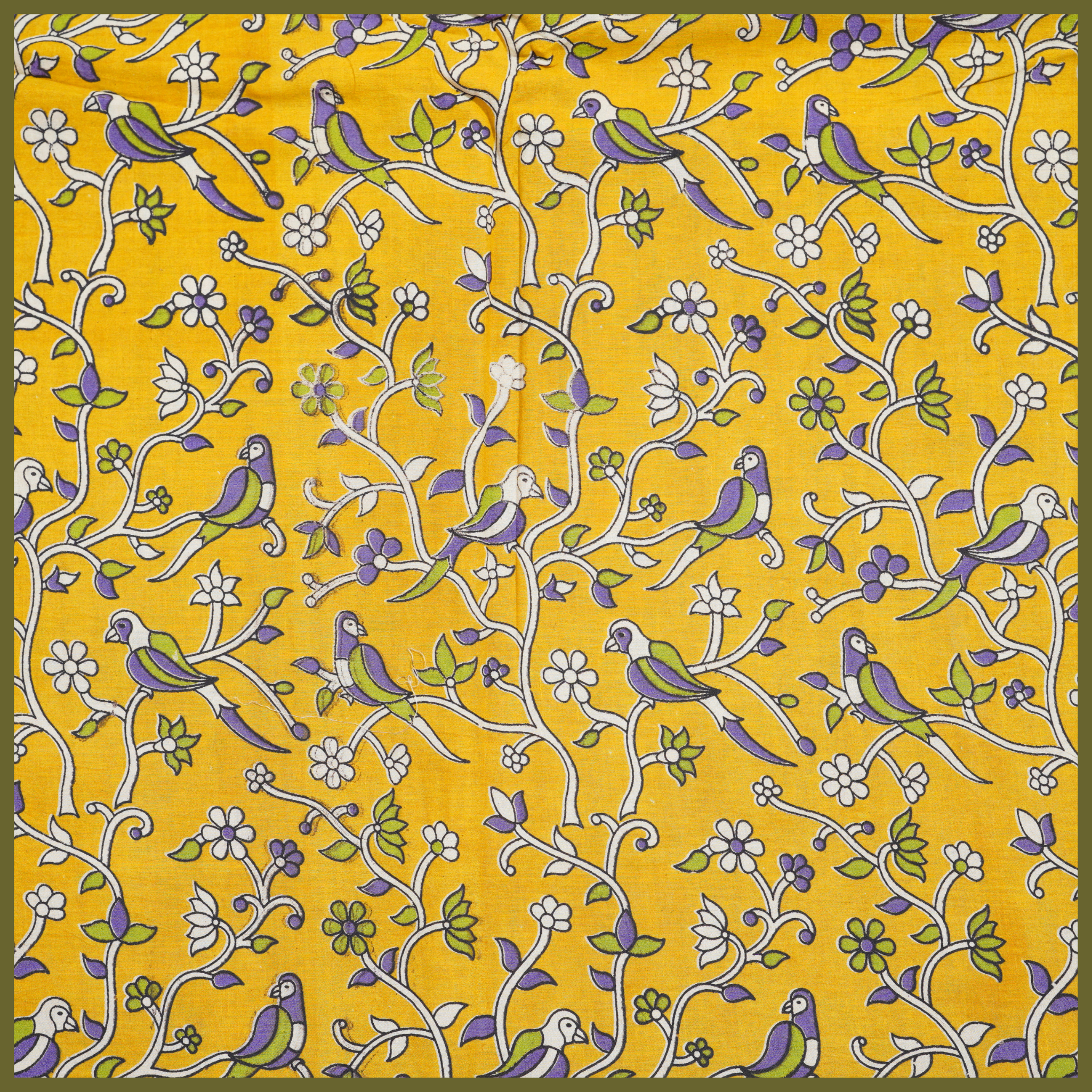 YELLOW- BLOCK PRINT COTTON PEDANA KALAMKARI FABRIC 05