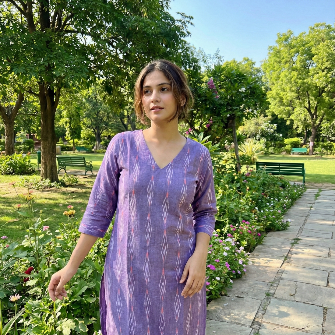 PURPLE - IKAT WEAVE COTTON LONG KURTA 22