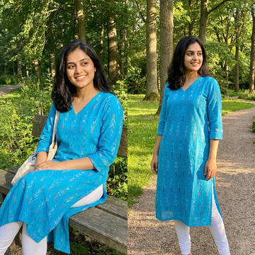 SKYBLUE - IKAT WEAVE COTTON LONG KURTA 23