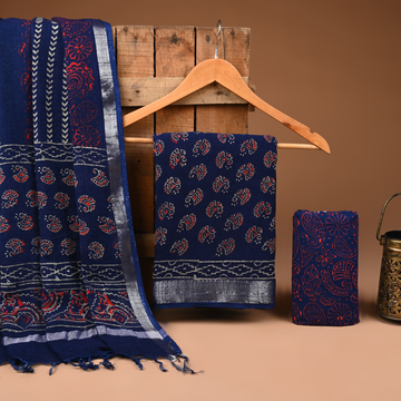 BLUE - BAGRU HAND BLOCK PRINTED LINEN COTTON SUIT SET WITH ZARI BORDER 01