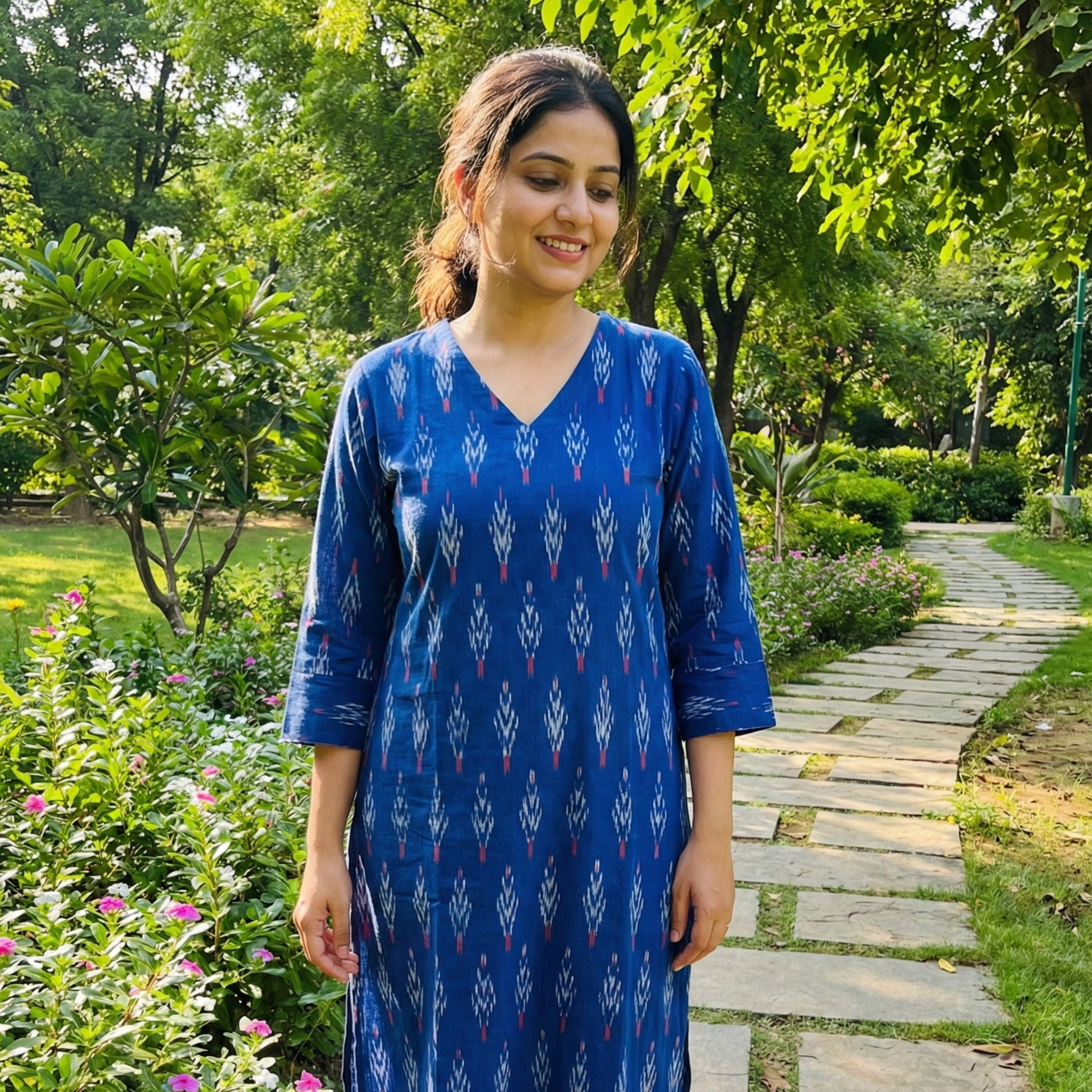 BLUE - IKAT WEAVE COTTON LONG KURTA 24