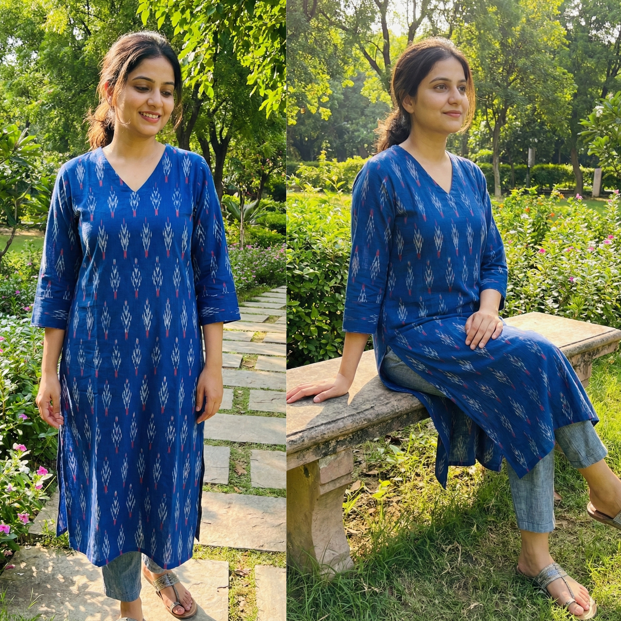 BLUE - IKAT WEAVE COTTON LONG KURTA 24
