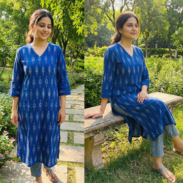 BLUE - IKAT WEAVE COTTON LONG KURTA 24