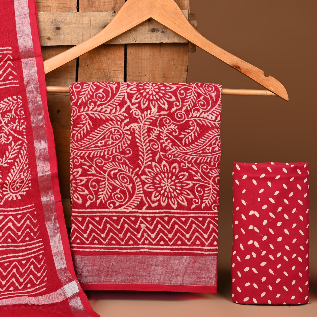 RED- BAGRU HAND BLOCK PRINTED LINEN COTTON SUIT SET WITH ZARI BORDER 11