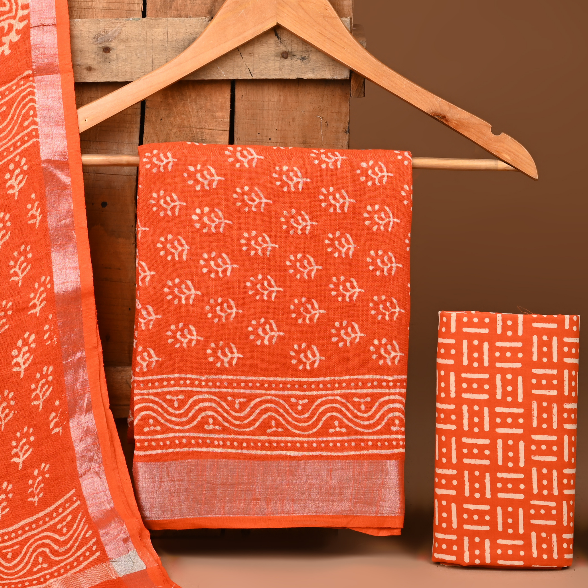 ORANGE- BAGRU HAND BLOCK PRINTED LINEN COTTON SUIT SET WITH ZARI BORDER 36