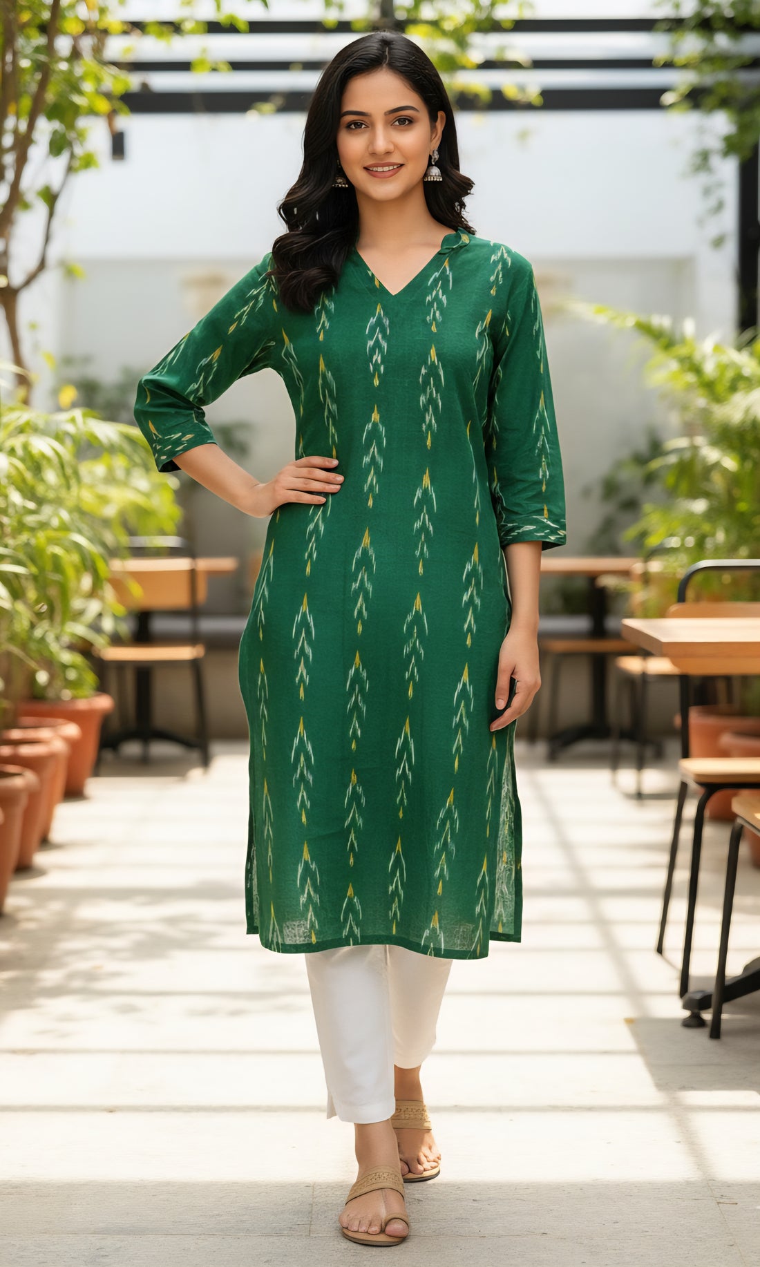 Green - IKAT WEAVE COTTON LONG KURTA 12