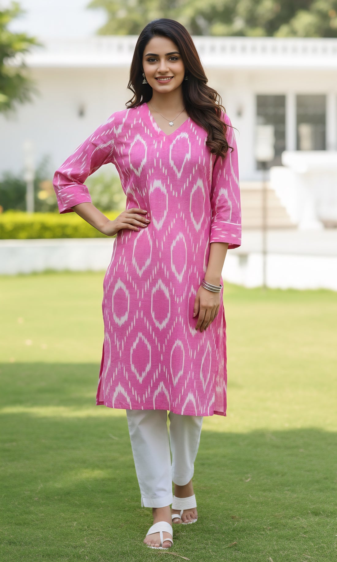 Pink - IKAT WEAVE COTTON LONG KURTA 09