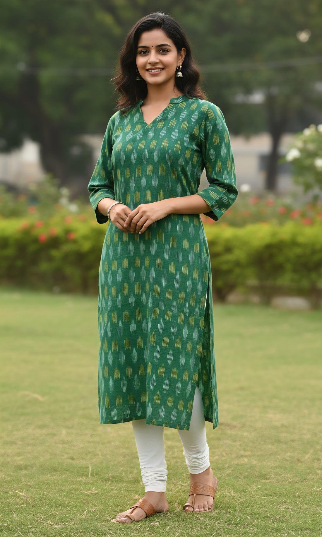 Green - IKAT WEAVE COTTON LONG KURTA 10