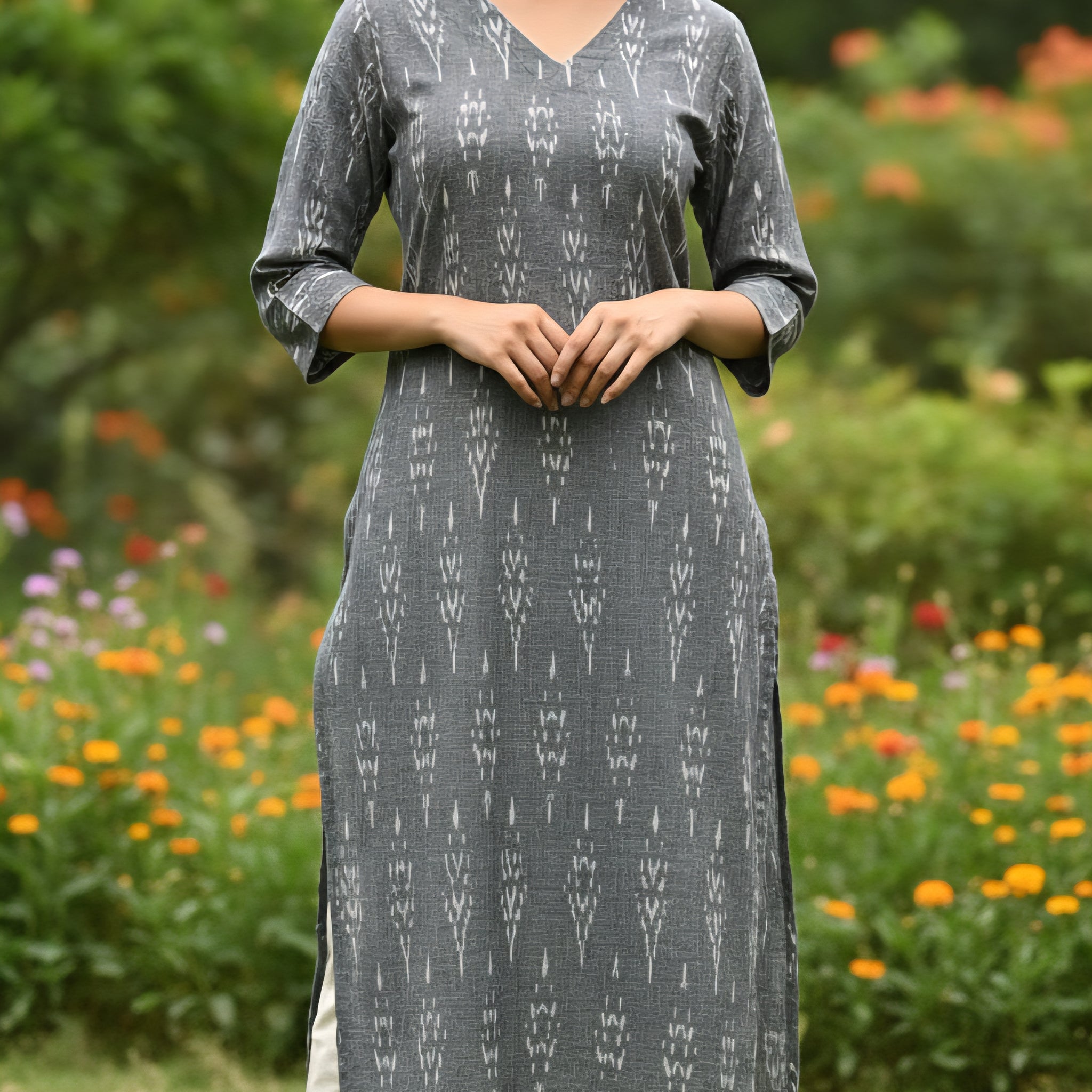 Gray - IKAT WEAVE COTTON LONG KURTA 08