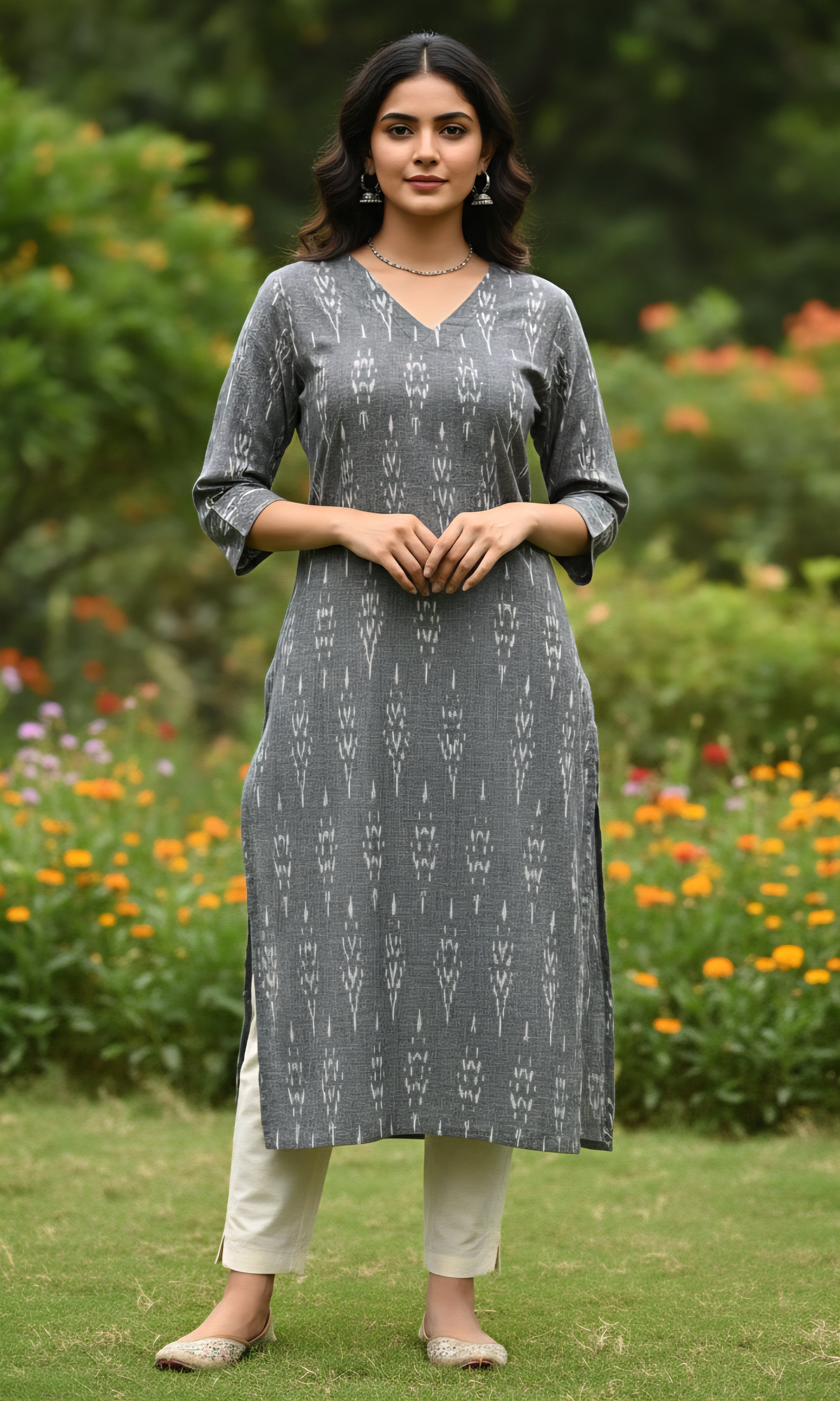 Gray - IKAT WEAVE COTTON LONG KURTA 08