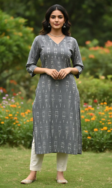 Gray - IKAT WEAVE COTTON LONG KURTA 08