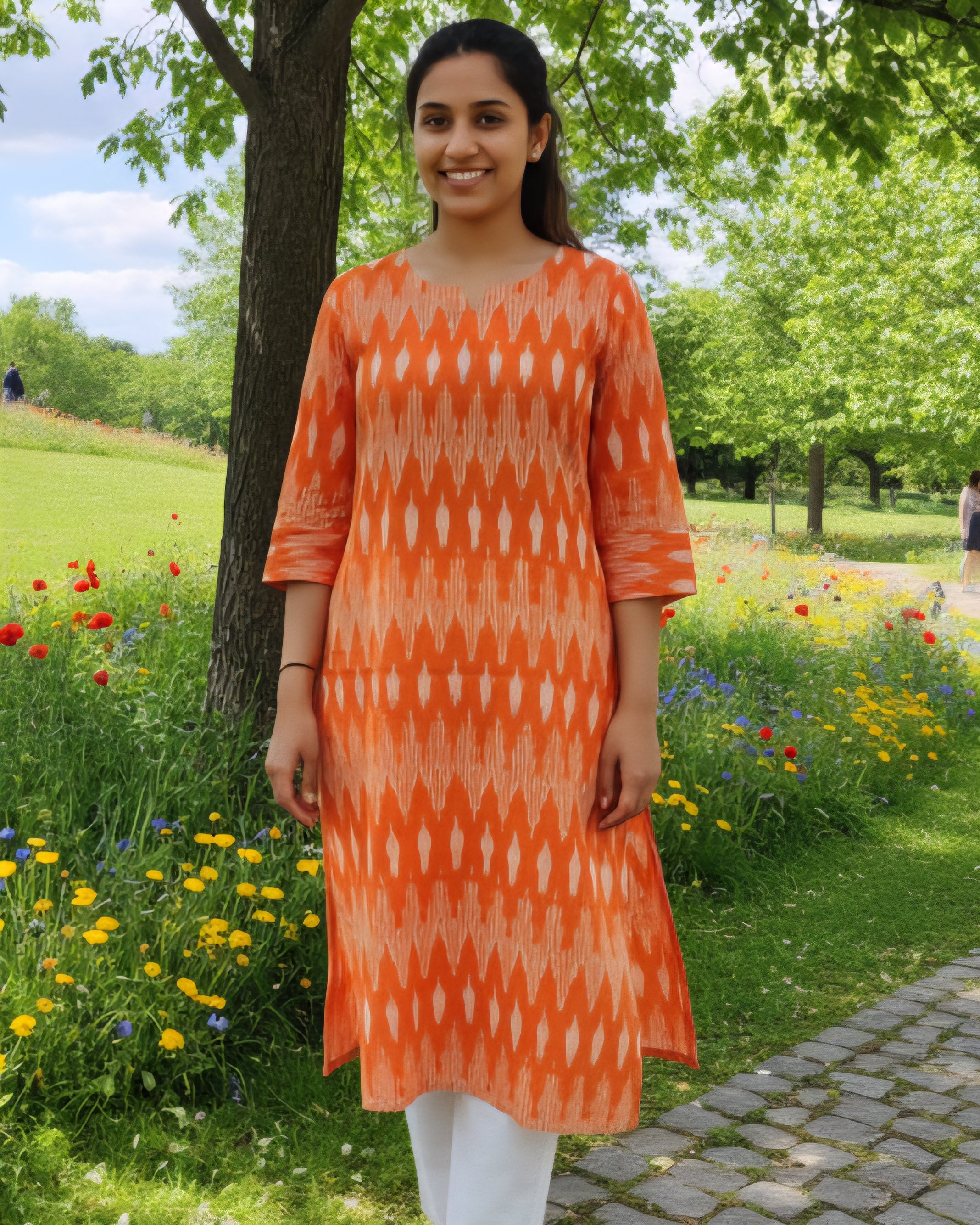Orange - IKAT WEAVE COTTON LONG KURTA 14