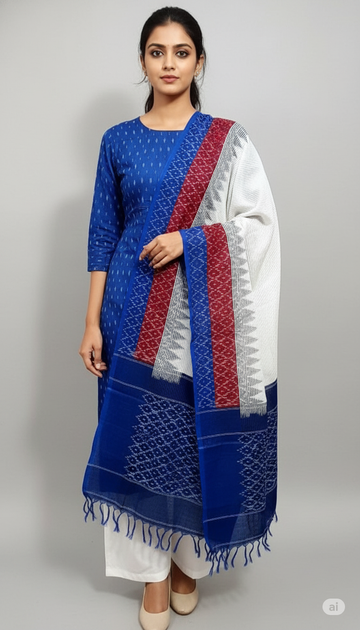 BLUE - 3PC HANDLOOM POCHAMPALLY DOUBLE  IKAT DUPATTA COTTON DRESS MATERIAL 01