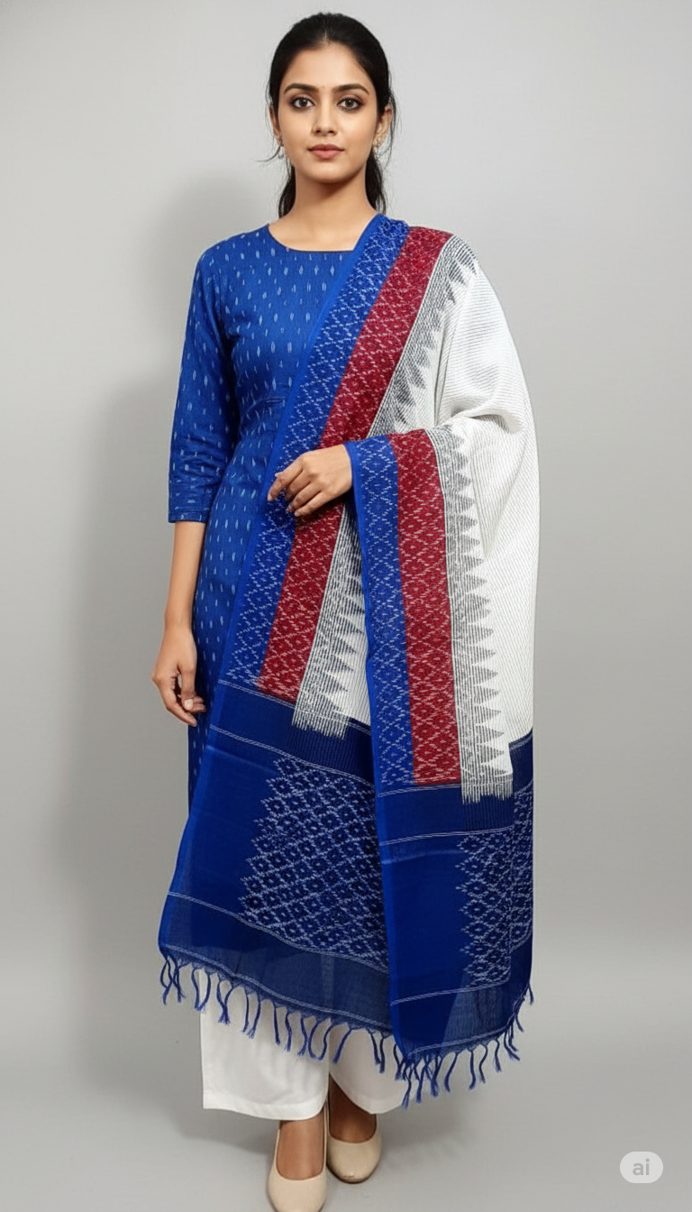 BLUE - 3PC HANDLOOM POCHAMPALLY DOUBLE  IKAT DUPATTA COTTON DRESS MATERIAL 01