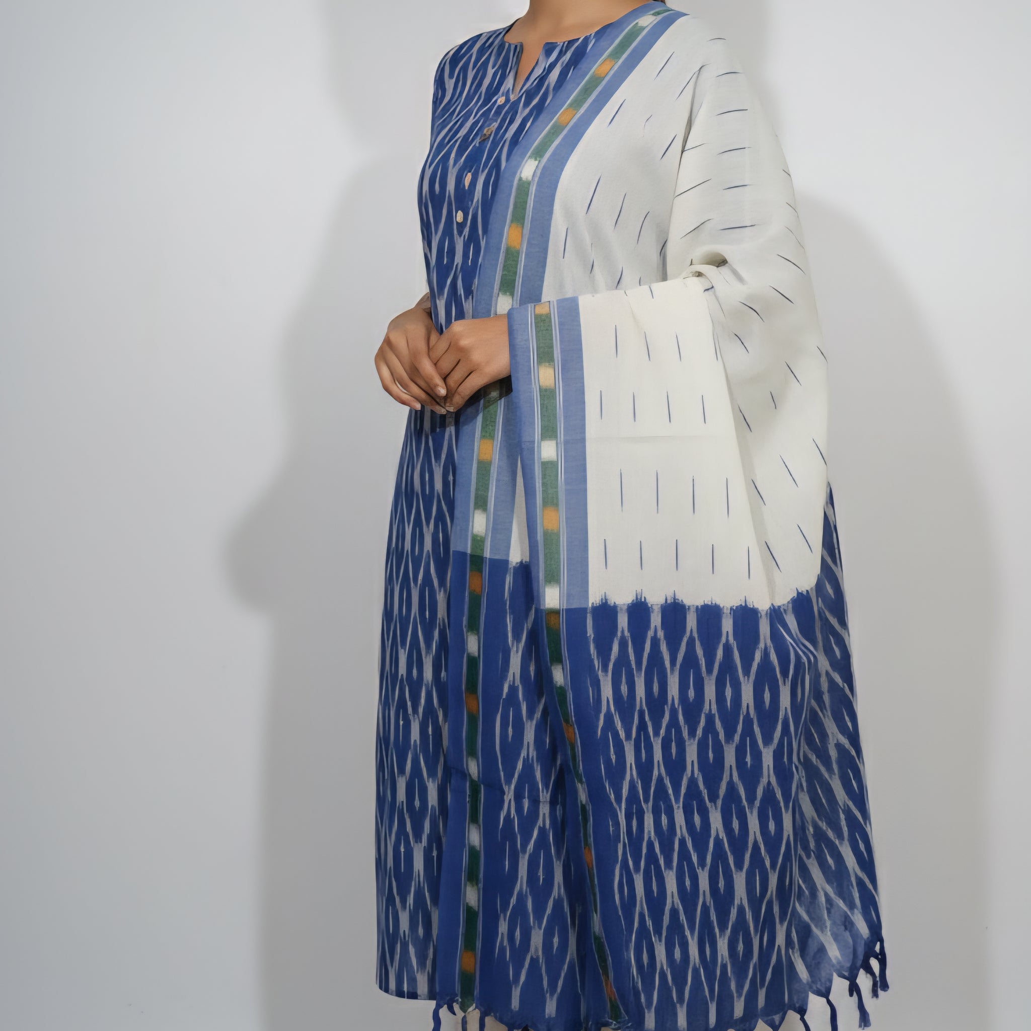 Blue - HANDLOOM COTTON 3PC POCHAMPALLY IKAT DRESS MATERIAL 03