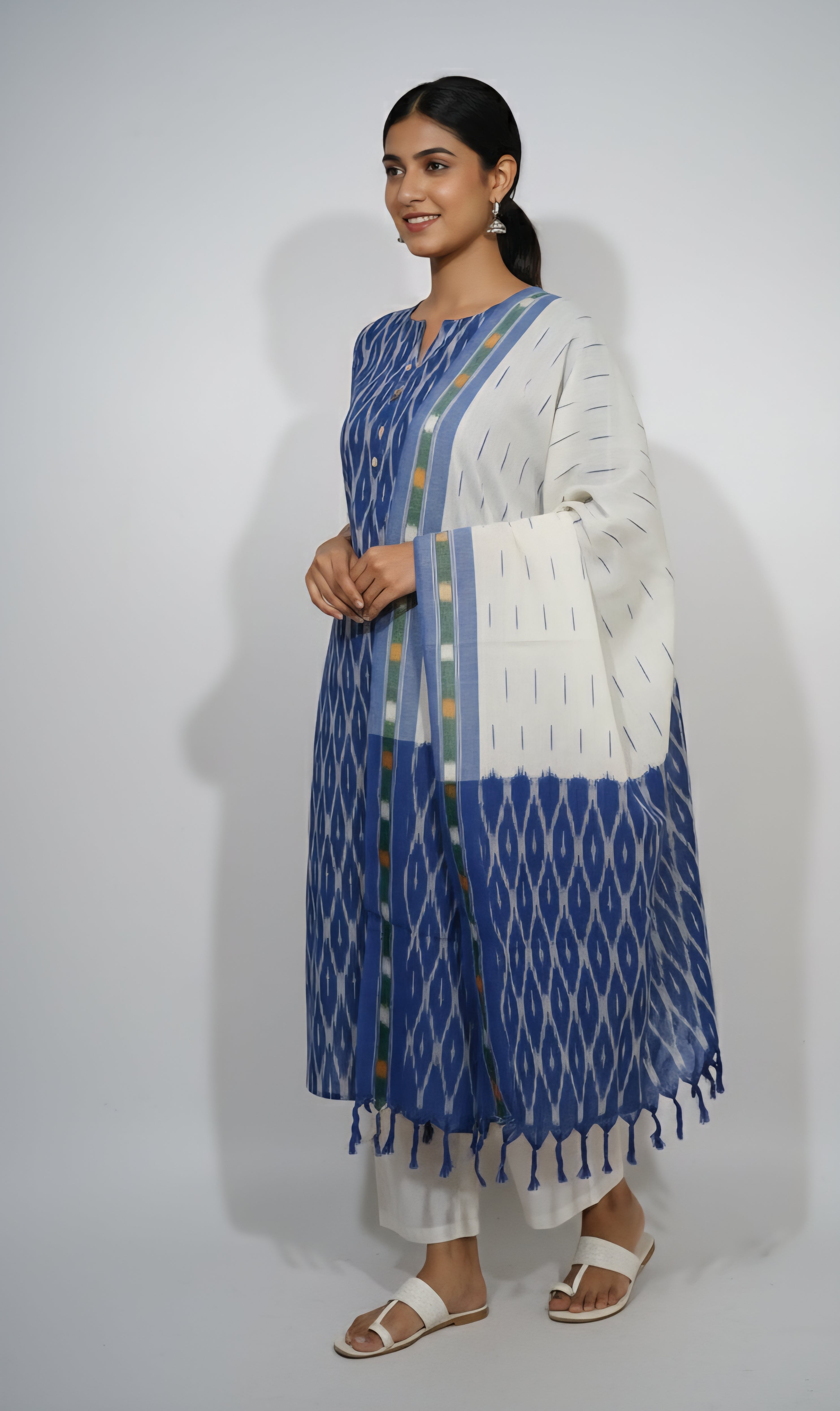 Blue - HANDLOOM COTTON 3PC POCHAMPALLY IKAT DRESS MATERIAL 03