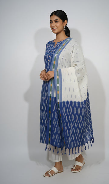 Blue - HANDLOOM COTTON 3PC POCHAMPALLY IKAT DRESS MATERIAL 03