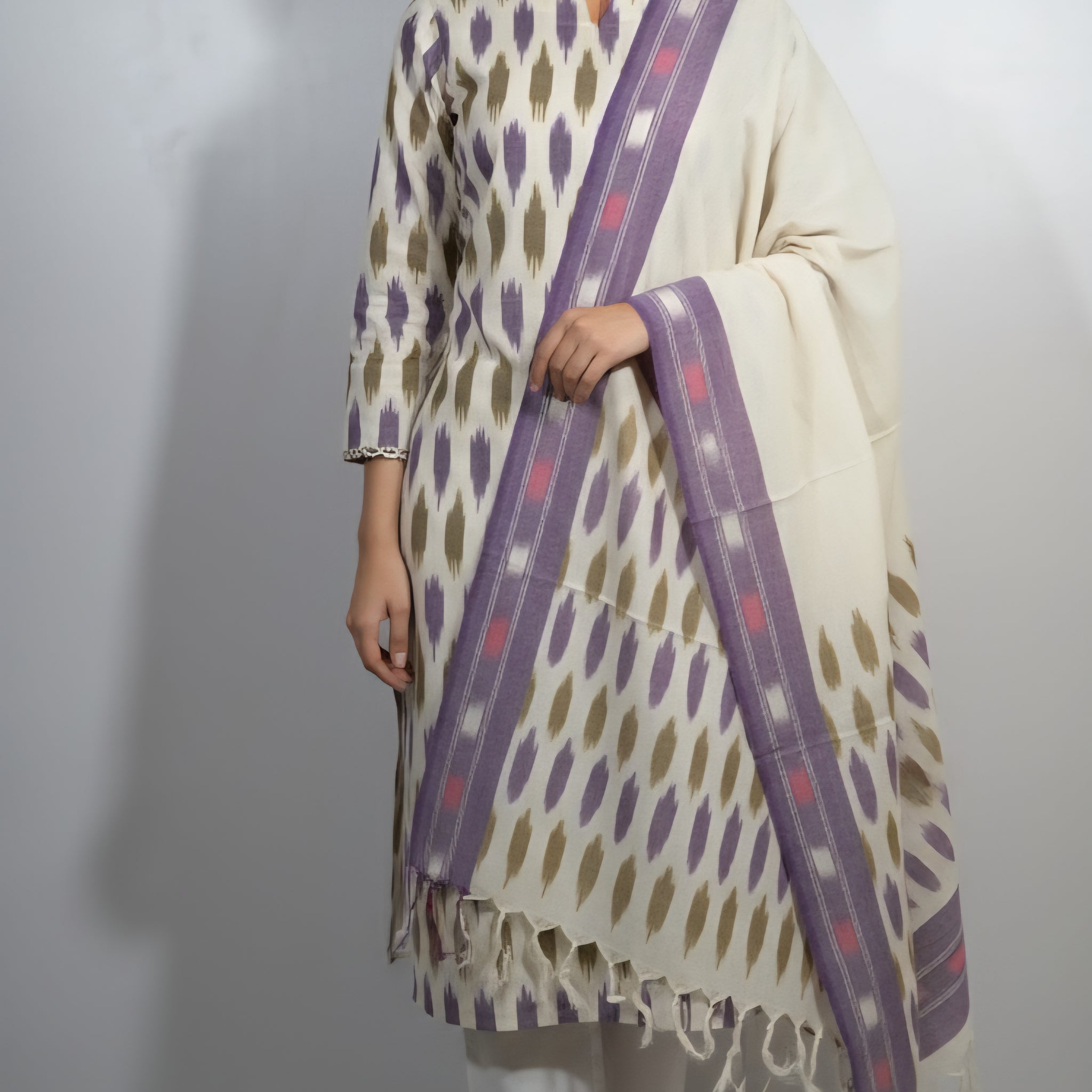 Multicolor - HANDLOOM COTTON 3PC POCHAMPALLY IKAT DRESS MATERIAL 12