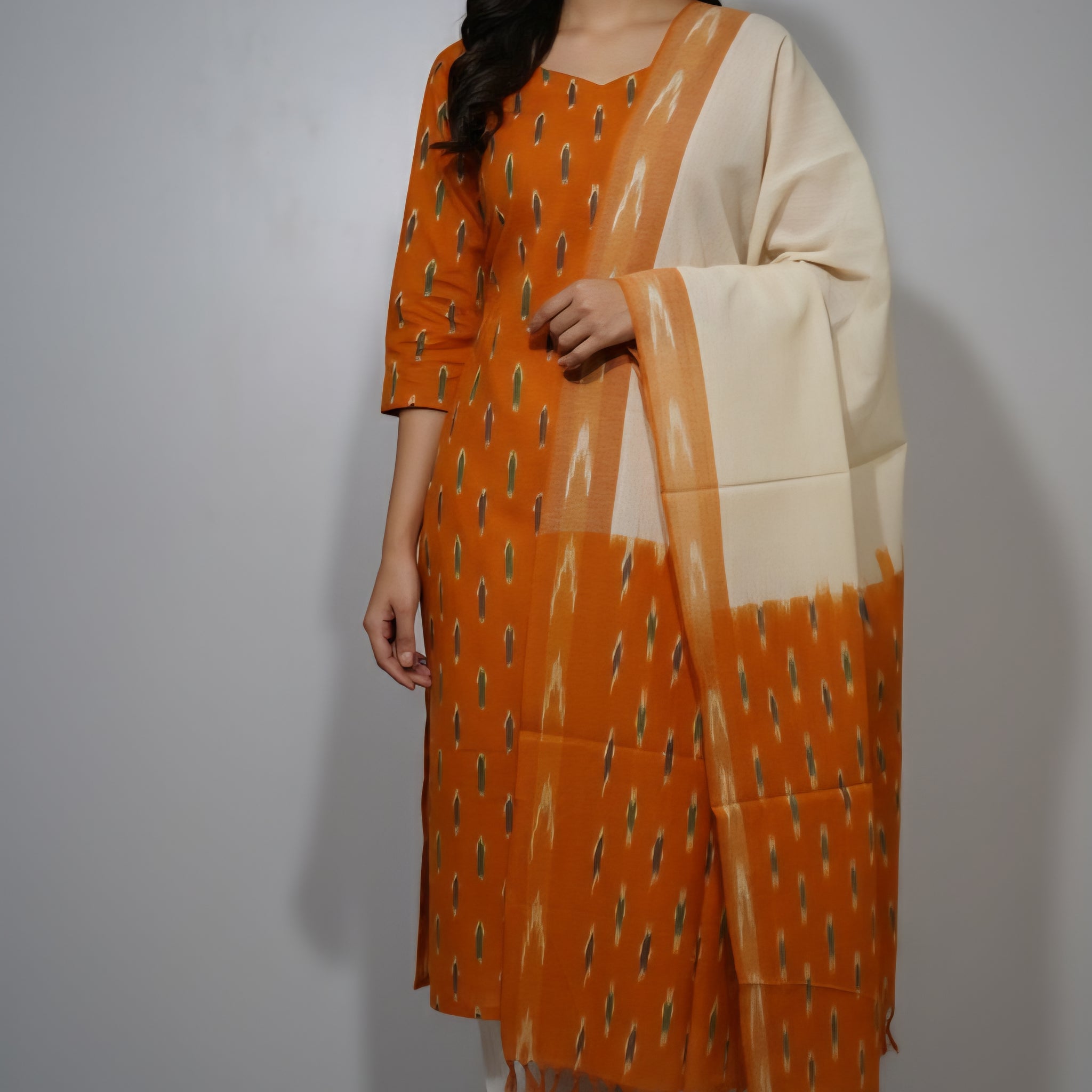 Yellow - HANDLOOM COTTON 3PC POCHAMPALLY IKAT DRESS MATERIAL 11
