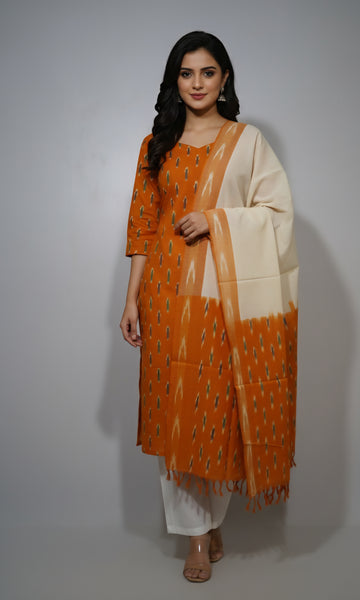 Yellow - HANDLOOM COTTON 3PC POCHAMPALLY IKAT DRESS MATERIAL 11