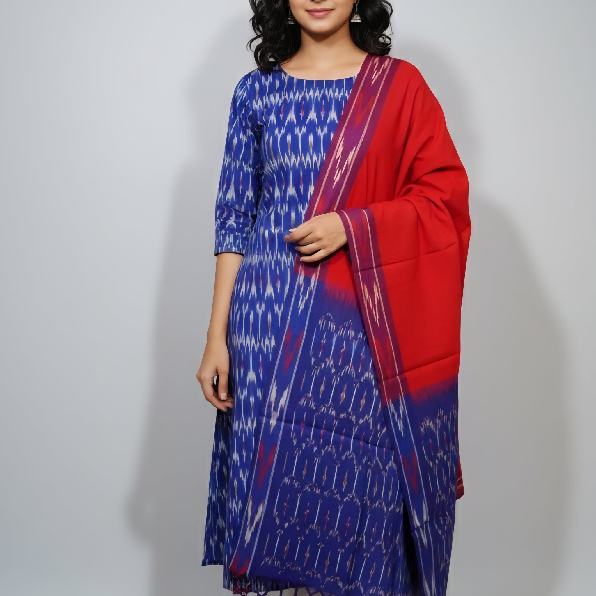 Blue - HANDLOOM COTTON 3PC POCHAMPALLY IKAT DRESS MATERIAL 28