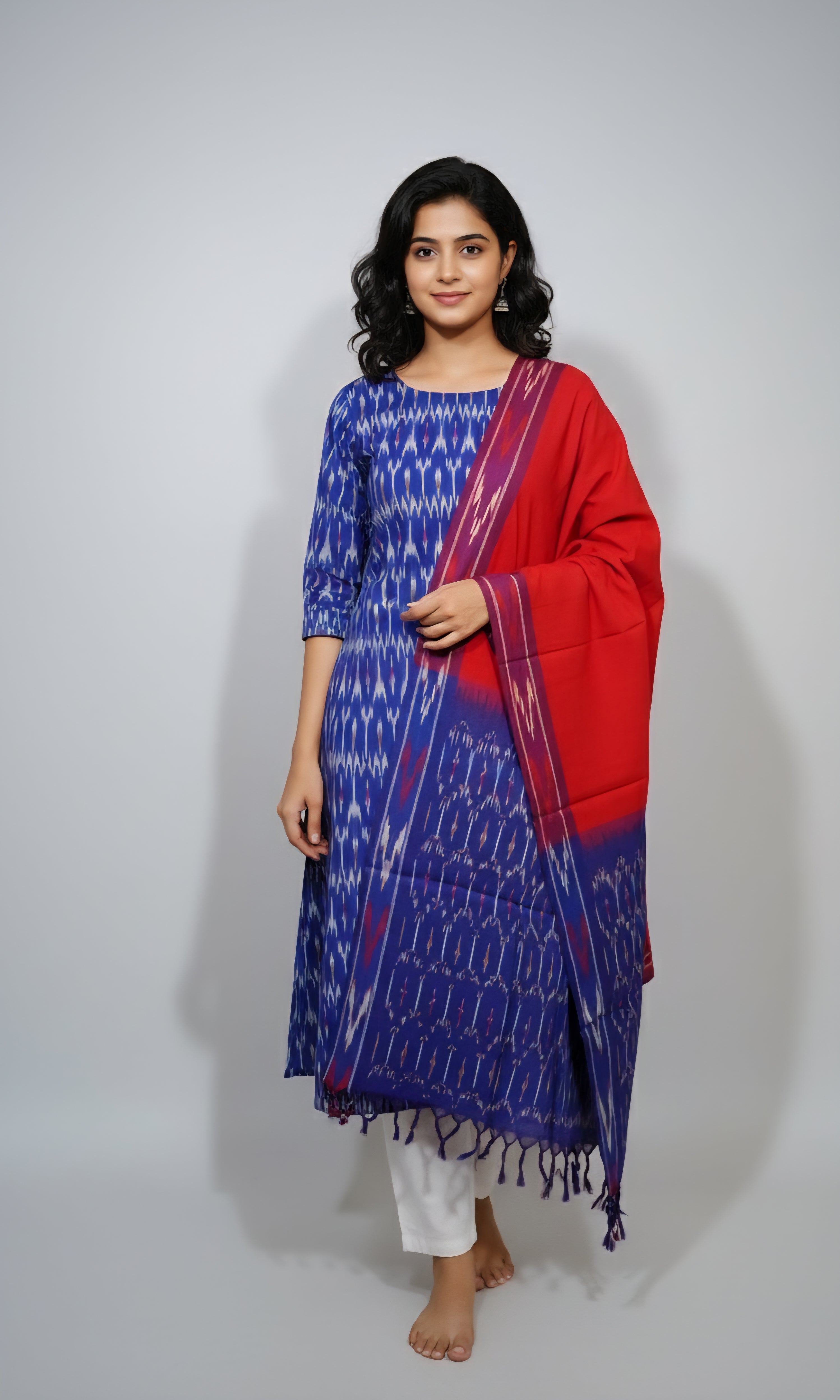 Blue - HANDLOOM COTTON 3PC POCHAMPALLY IKAT DRESS MATERIAL 28