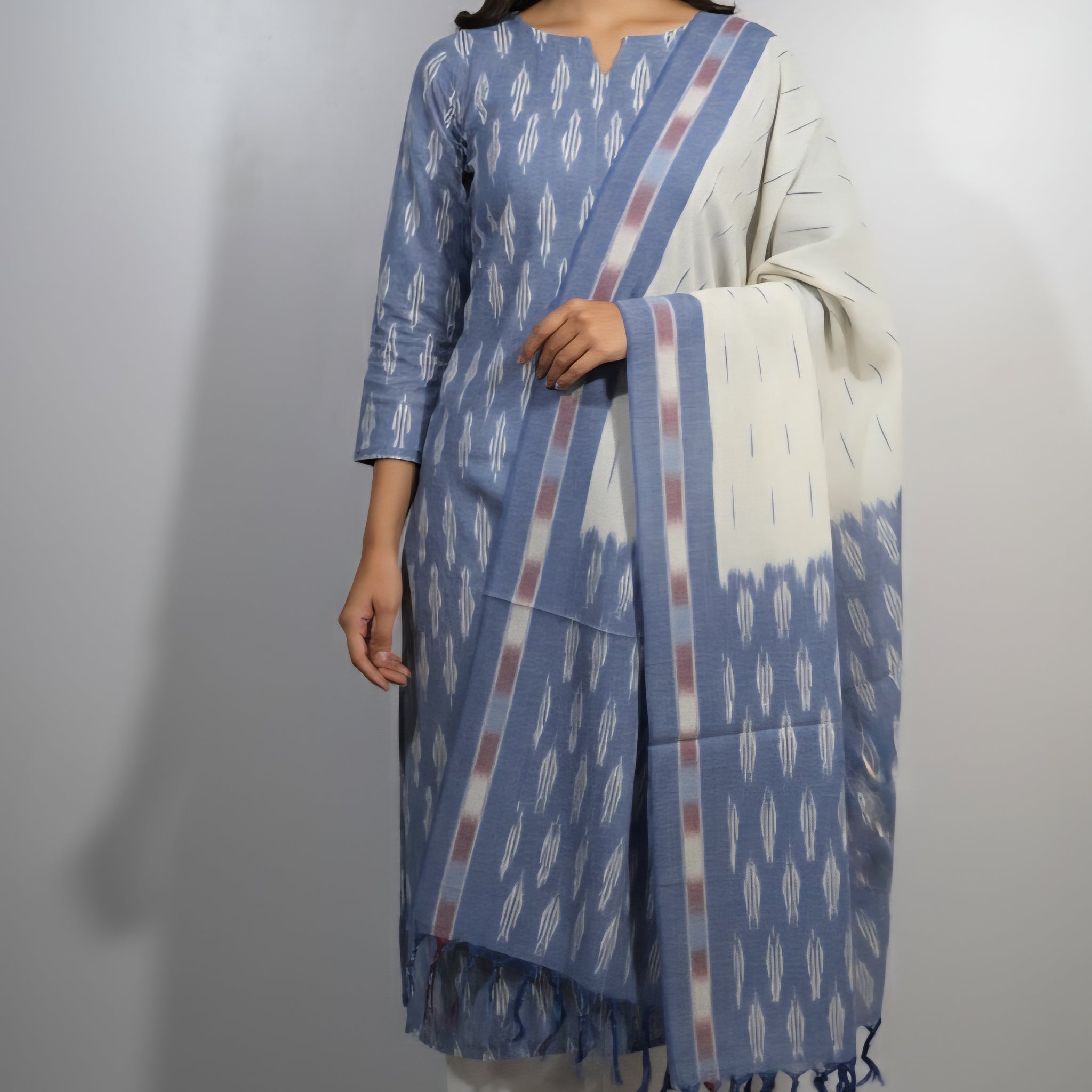 Blue - HANDLOOM COTTON 3PC POCHAMPALLY IKAT DRESS MATERIAL 10