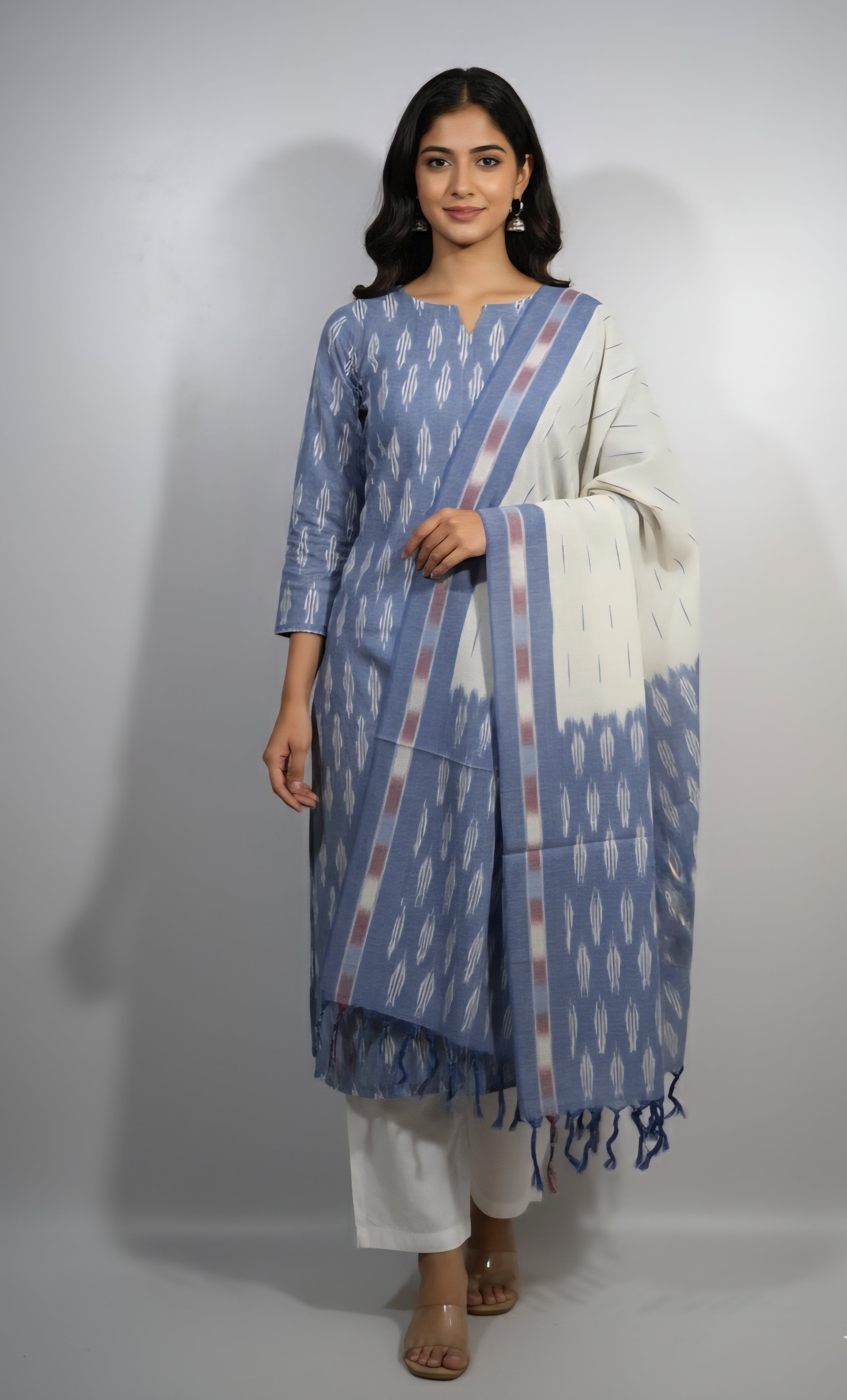 Blue - HANDLOOM COTTON 3PC POCHAMPALLY IKAT DRESS MATERIAL 10