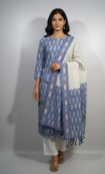 Blue - HANDLOOM COTTON 3PC POCHAMPALLY IKAT DRESS MATERIAL 10