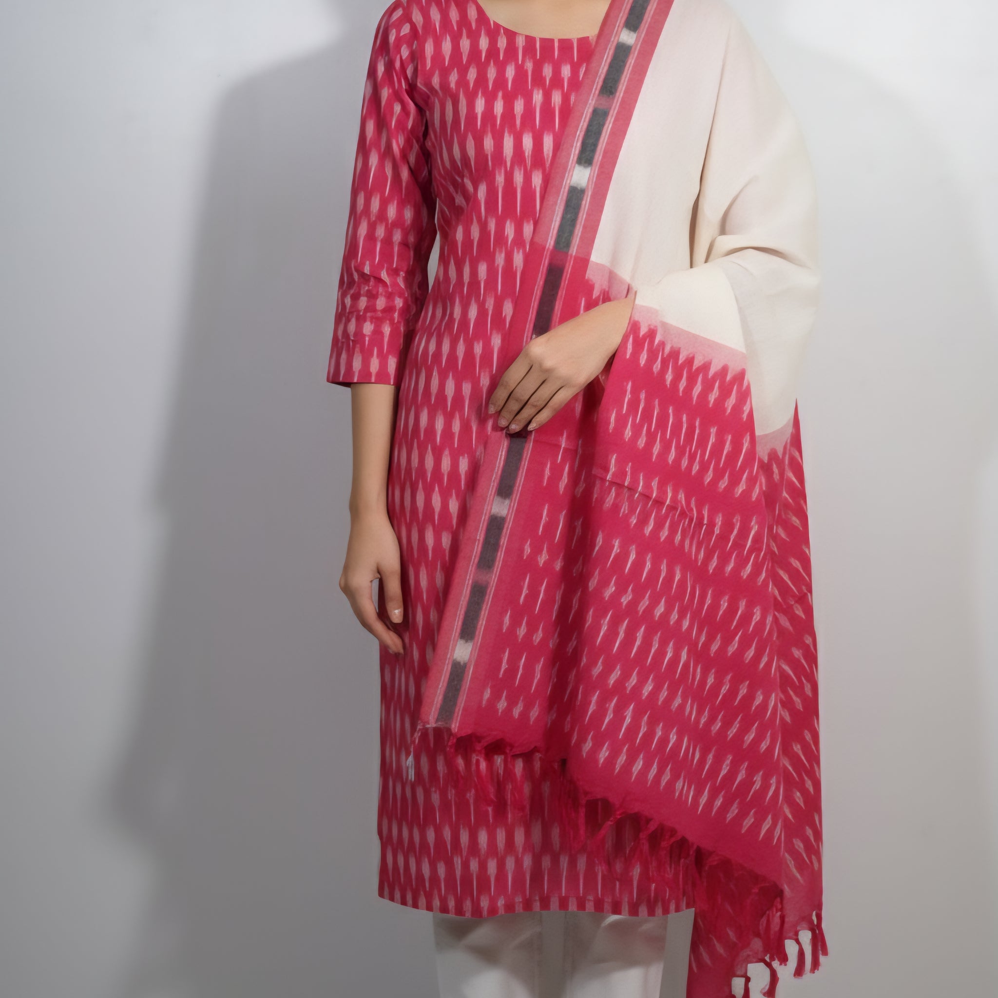 Pink - HANDLOOM COTTON 3PC POCHAMPALLY IKAT DRESS MATERIAL 36