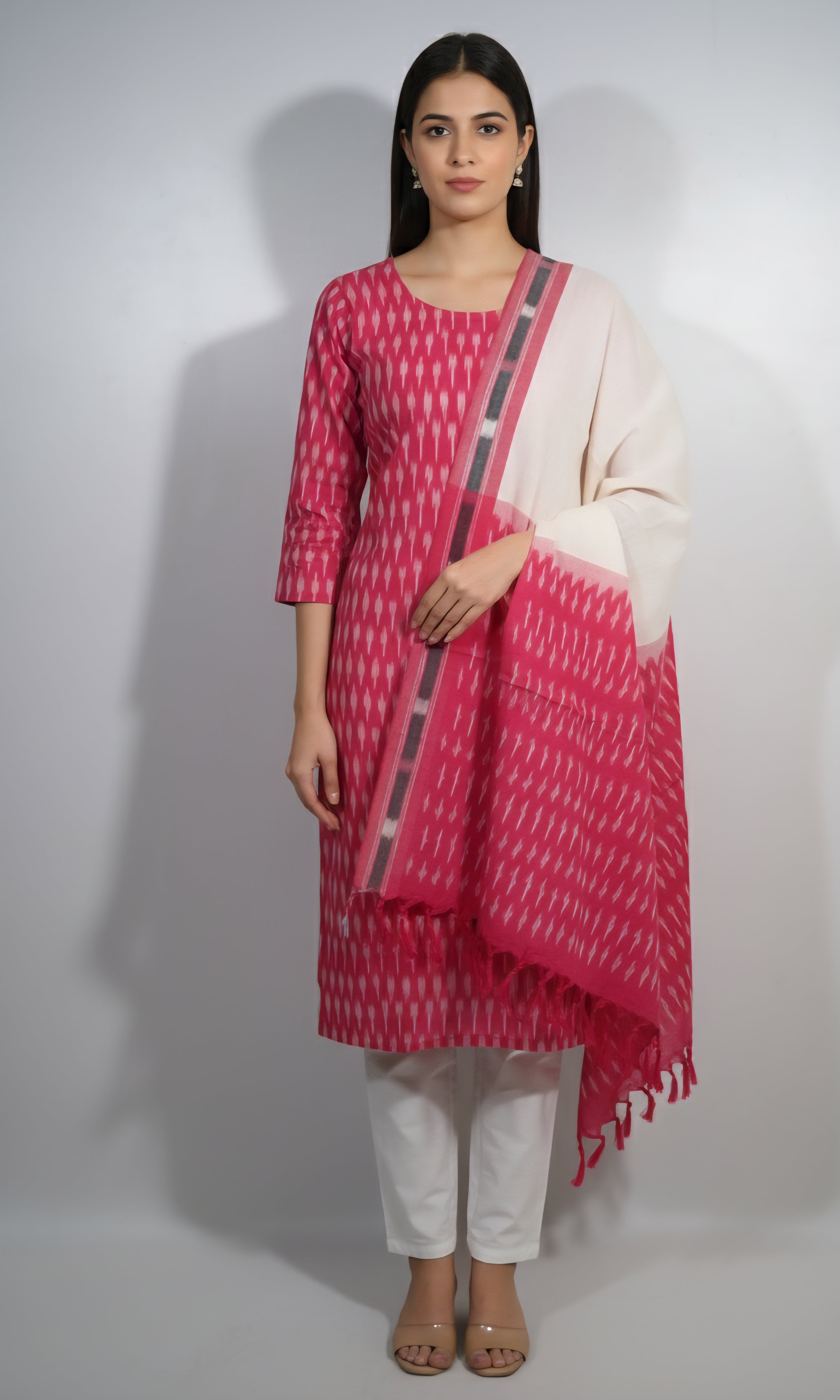 Pink - HANDLOOM COTTON 3PC POCHAMPALLY IKAT DRESS MATERIAL 36