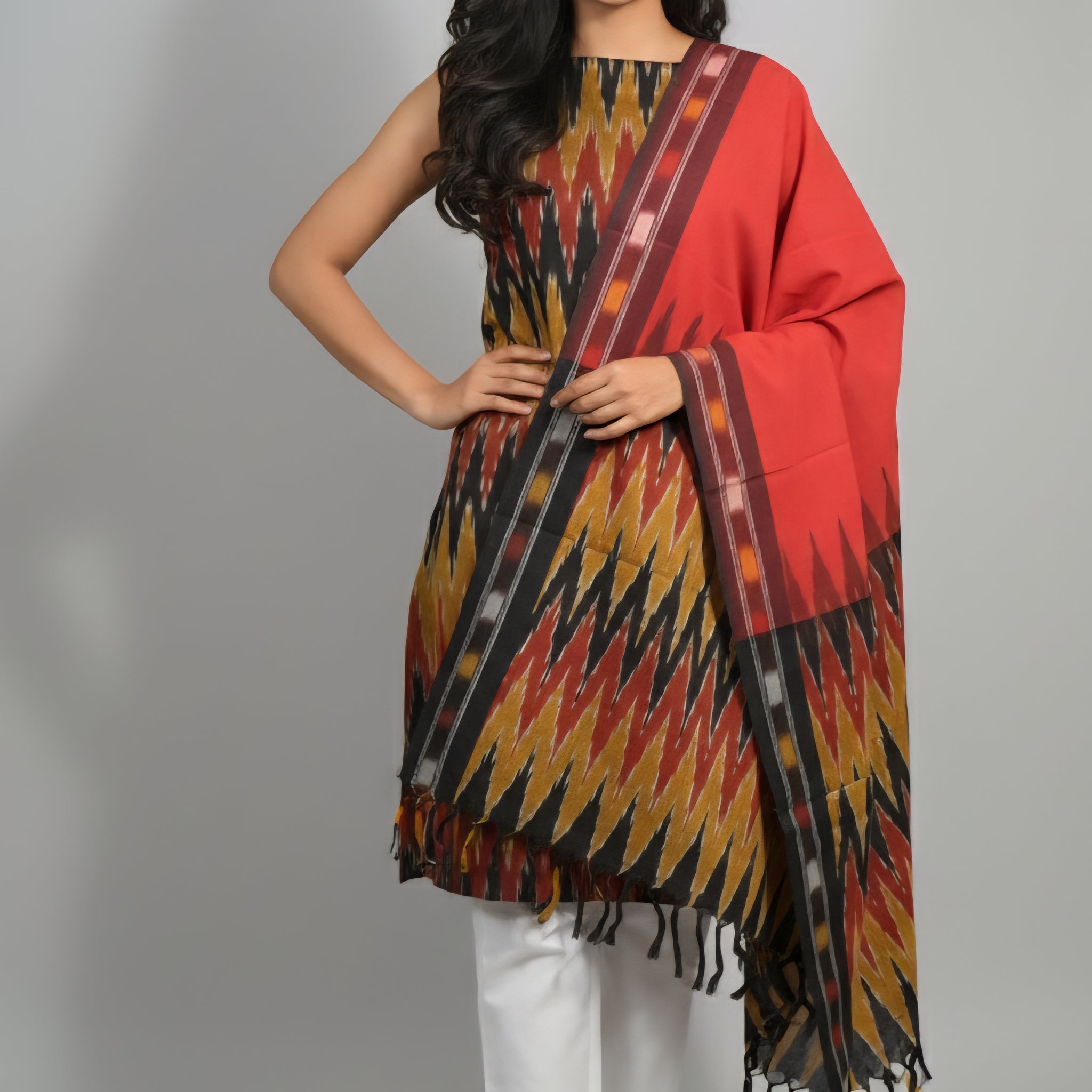 Multicolor - HANDLOOM COTTON 3PC POCHAMPALLY IKAT DRESS MATERIAL 17