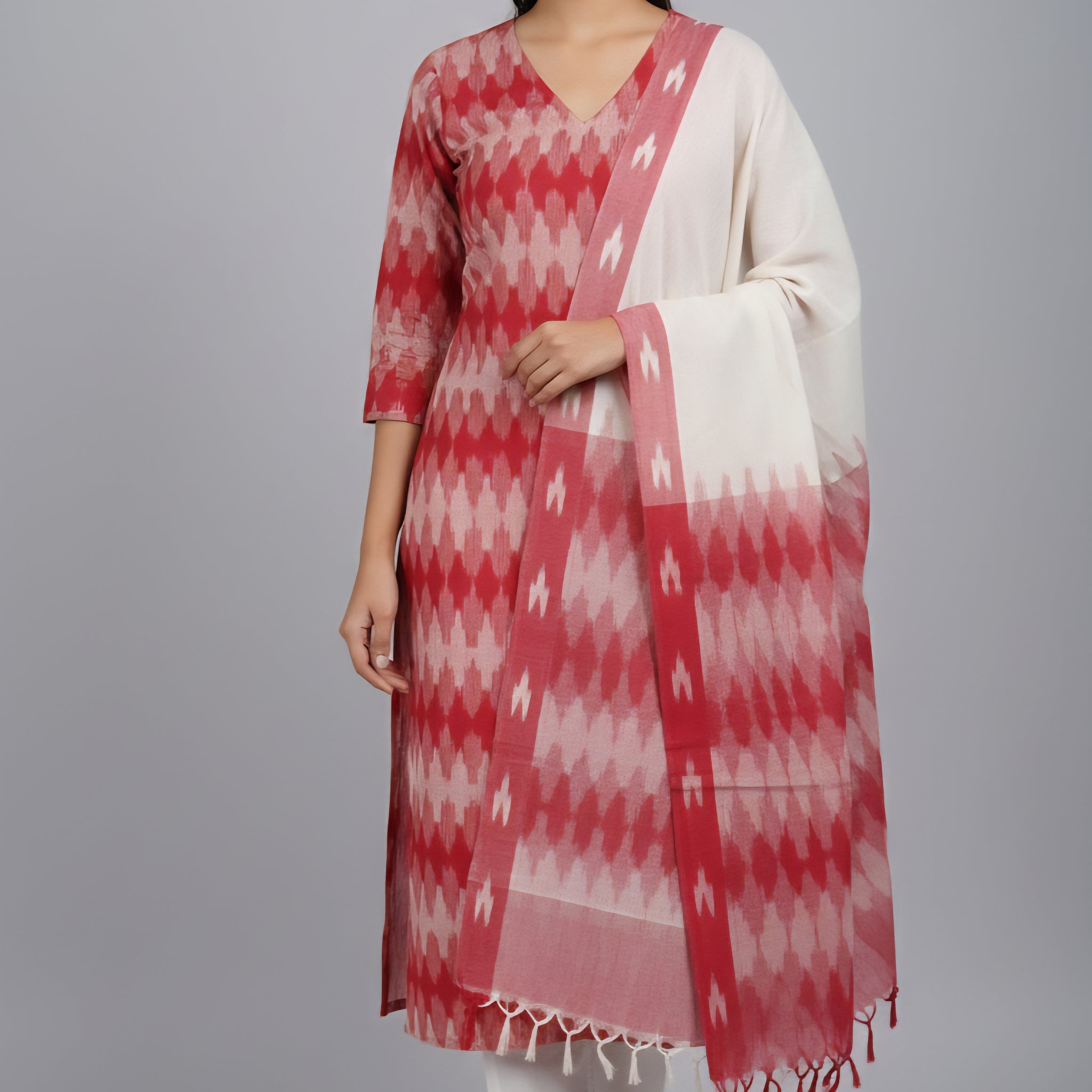 Red - HANDLOOM COTTON 3PC POCHAMPALLY IKAT DRESS MATERIAL 23