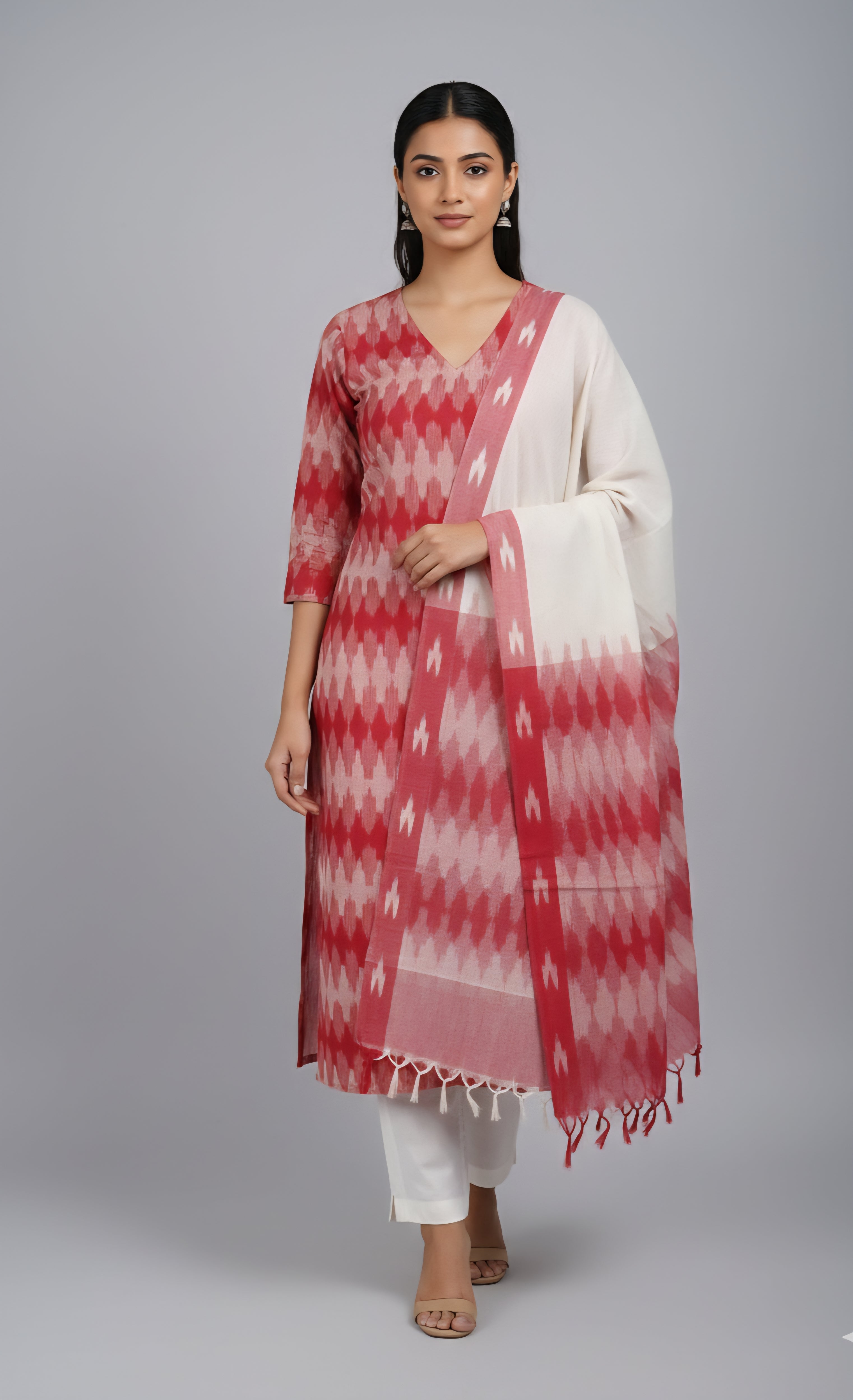 Red - HANDLOOM COTTON 3PC POCHAMPALLY IKAT DRESS MATERIAL 23