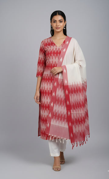 Red - HANDLOOM COTTON 3PC POCHAMPALLY IKAT DRESS MATERIAL 23
