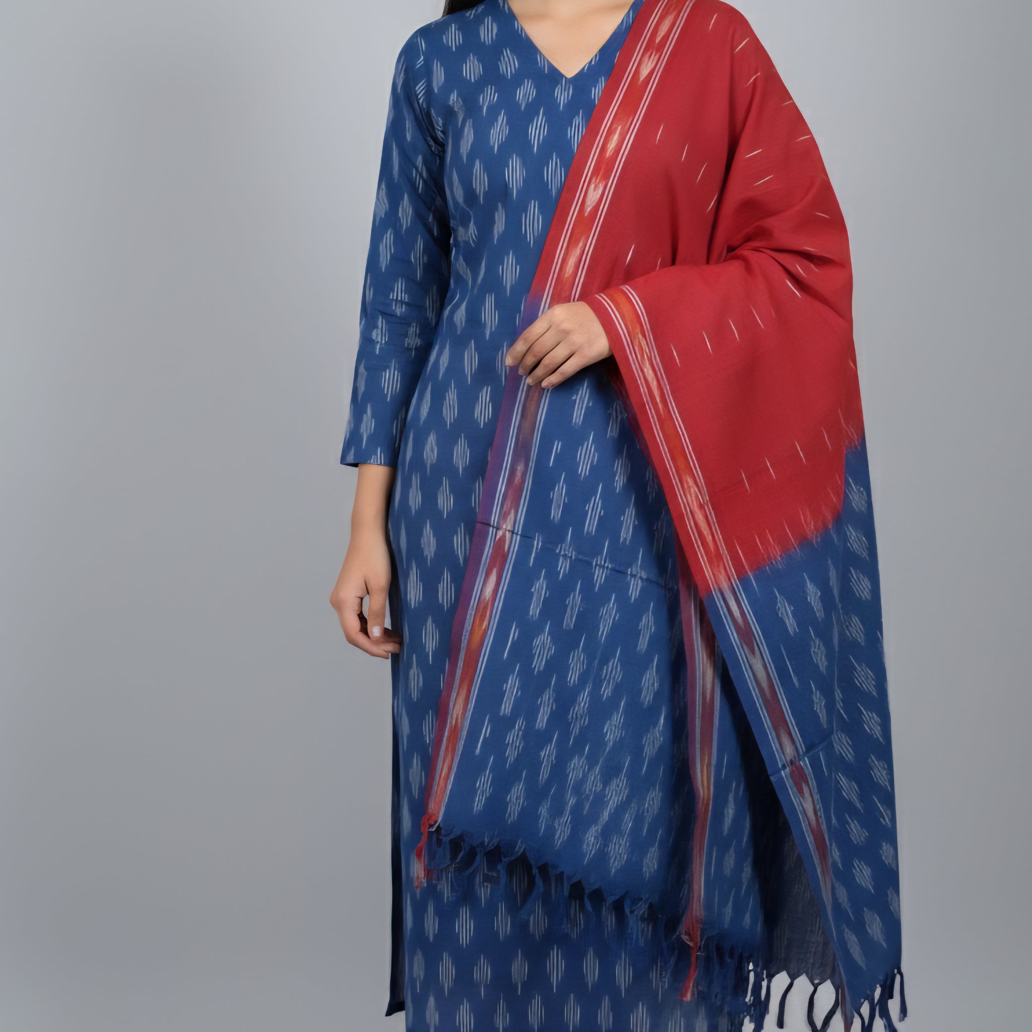 Blue - HANDLOOM COTTON 3PC POCHAMPALLY IKAT DRESS MATERIAL 19