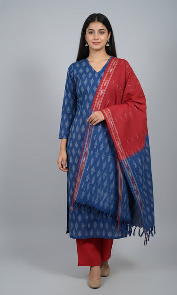 Blue - HANDLOOM COTTON 3PC POCHAMPALLY IKAT DRESS MATERIAL 19