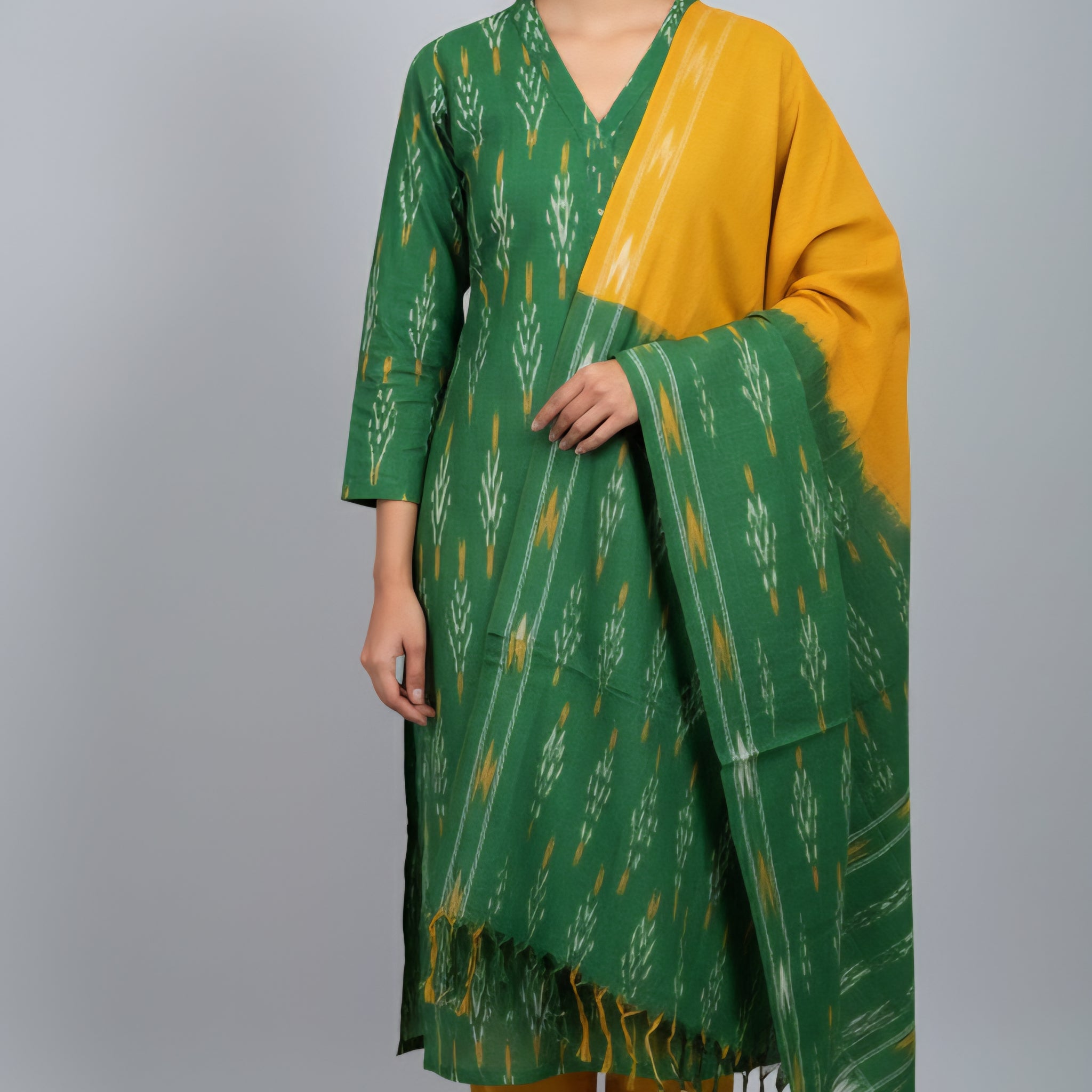 Green - HANDLOOM COTTON 3PC POCHAMPALLY IKAT DRESS MATERIAL 25
