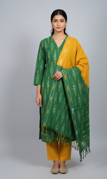 Green - HANDLOOM COTTON 3PC POCHAMPALLY IKAT DRESS MATERIAL 25