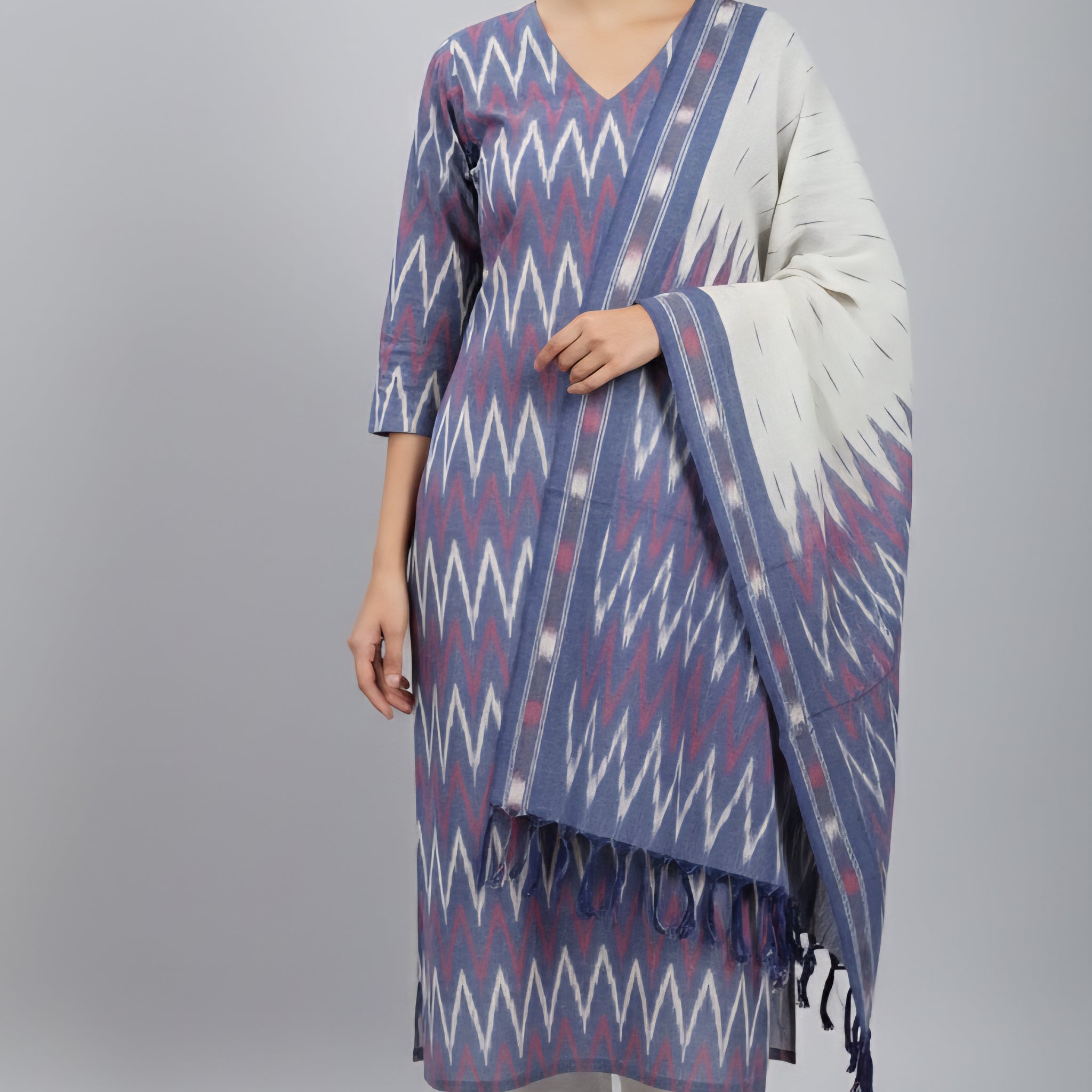 Multicolor - HANDLOOM COTTON 3PC POCHAMPALLY IKAT DRESS MATERIAL 15