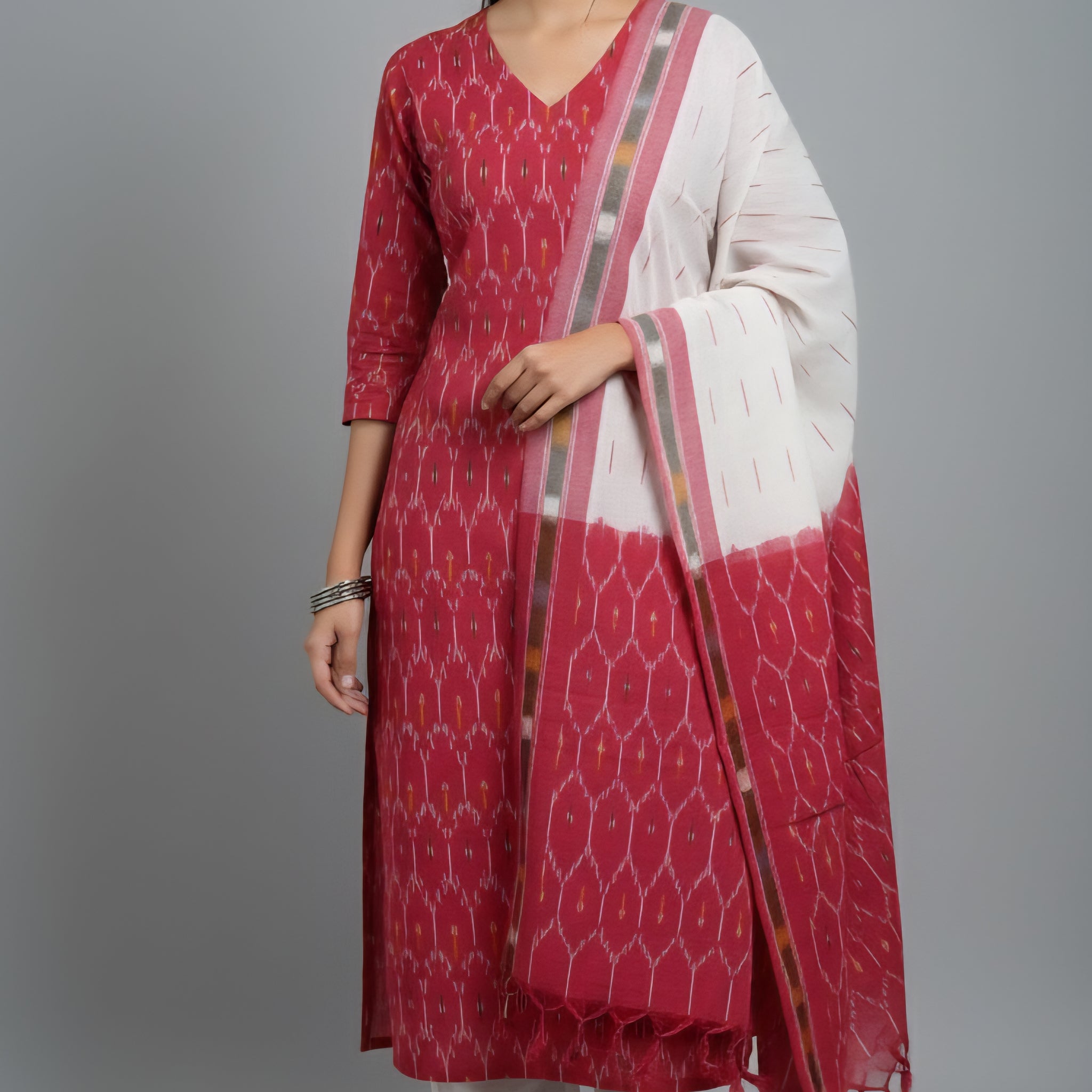 Red - HANDLOOM COTTON 3PC POCHAMPALLY IKAT DRESS MATERIAL 13